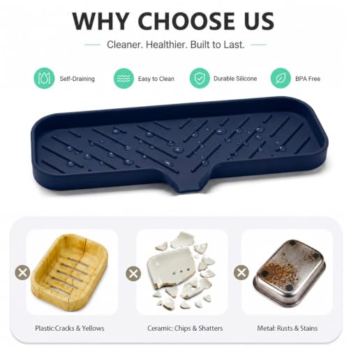 Silicone Soap Dish with Drain Spout (Navy Blue / L(12"×4"))