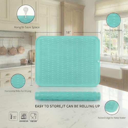 Silicone Dish Drying Mat for Multiple Usage (Mint / 18"L x 16"W)