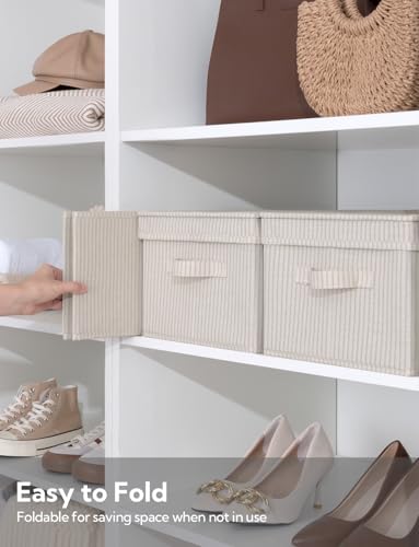 Fabric Storage Bins with Lids (Khaki Stripe / Large)