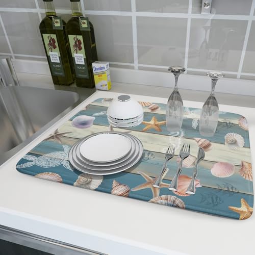 Coastal Starfish Dish Drying Mat Summer Sea Turtle Drainer Rack Mat Absorbent Microfiber Kitchen Countertop Protector Dishes Pad 18x24 inch (Starfish Turtle Wood / 24" x 24")