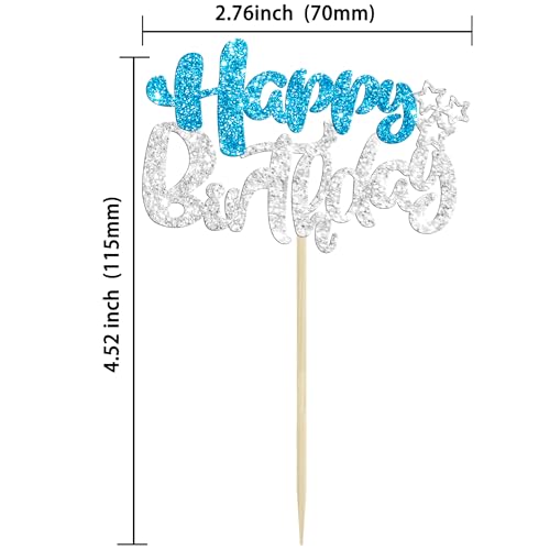24Pcs Happy Birthday Cupcake Toppers Double Layer Glitter Happy Birthday Cake Decorations for Winter Wonderland Baby Shower Theme Anniversary Party Decorations Supplies Blue Silver (Style 1 / Blue Silver)