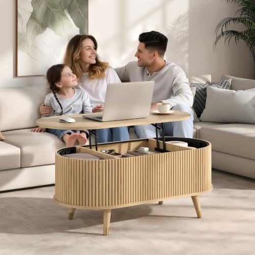 Oval Lift Top Coffee Table with Storage for Living Room (Warm Oak)