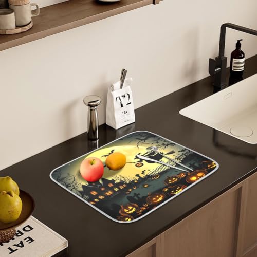 Halloween Night Pumpkins Witch Dish Drying Mat for Kitchen Counter Absorbent Microfiber Large Drying Pad Dish mats for Kitchen Countertops 18 x 24 Inch (Halloween Night / 24" x 18")