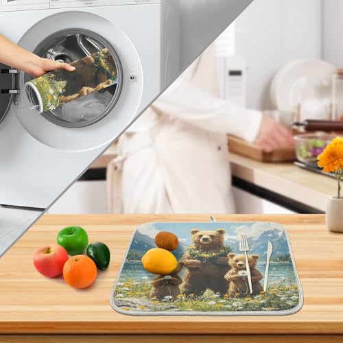 Three Bear Dish Drying Mat for Kitchen Ccounter Absorbent Microfiber Small Drying Pad Dandelion Wildflowers Dish Mats for Kitchen Countertops 16 x 18 Inch (18" x 16")