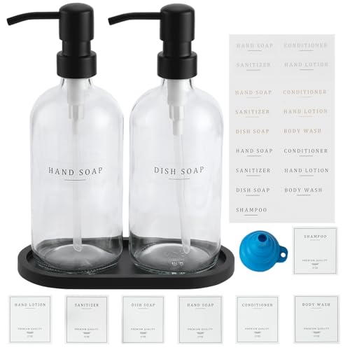 Glass Soap Dispenser (Clear Bottle/Black Pump + Tray + Funnel)