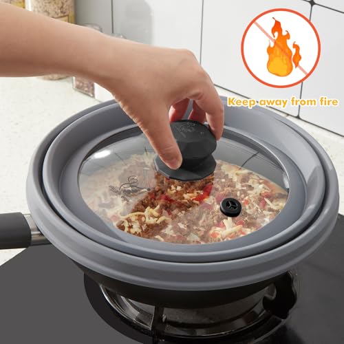 Microwave Splatter Cover Vented Glass Splatter Guard Lid with Collapsible Silicone for Food as Pot Cover Plate 9.8 inch Light Grey (9.8 inch / Light Grey Lid)