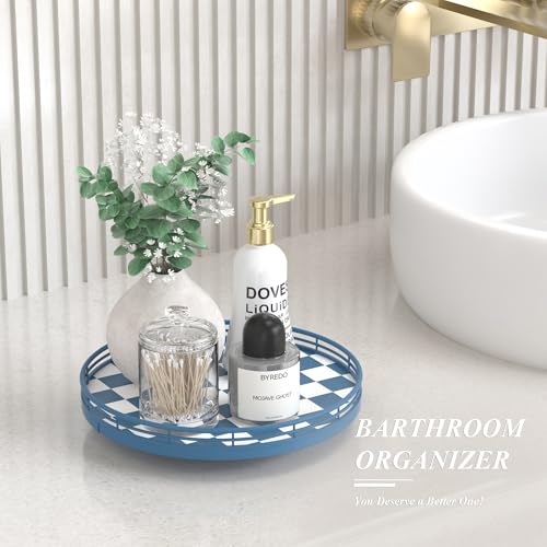 Blue and White Checkerboard Lazy Susan with Rubberwood Base and Metal Rail (Blue & White / 10 inches)