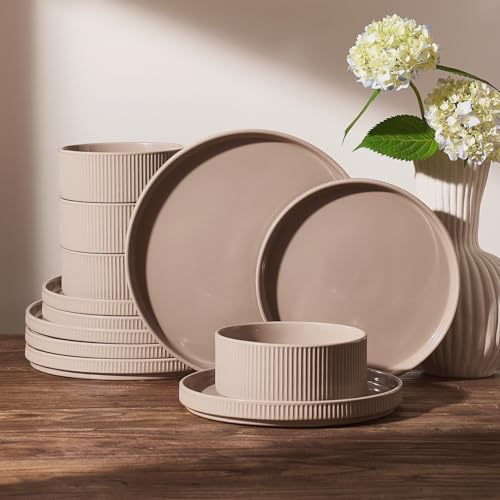 Ceramic Plates and Bowls Set (Cinnamon Brown / Service for 4)