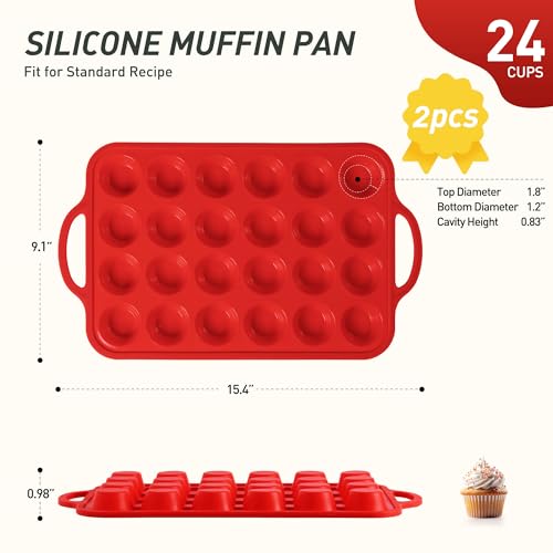 2 Packs 24 Cups Silicone Muffin Pan with Metal Reinforced Frame Mini Size Cupcake Pan Tray Egg Bites Silicone Circle Cookie Molds Muffin Tin Tart Pans Baking Sheet Set for Breakfast Sandwiches (2pc: 24-Cup Mini / Red & Blue)