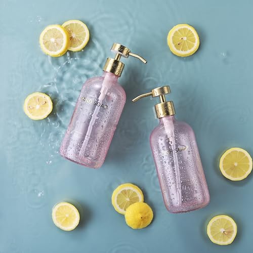 Glass Kitchen Soap Dispenser Set with Ceramic Tray (Pink Bottles + Gold Pumps)