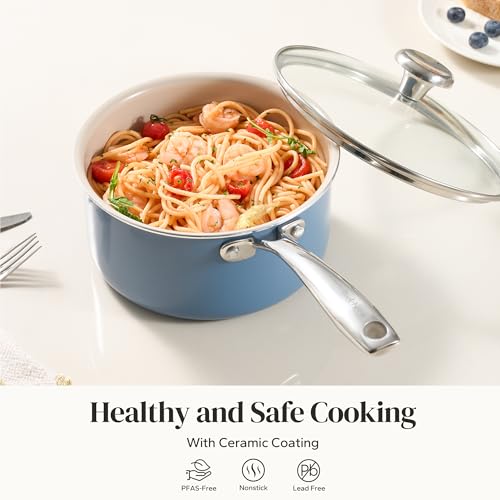 Nonstick Ceramic Sauce Pan with Lid (Blue / 1.8 Quarts)