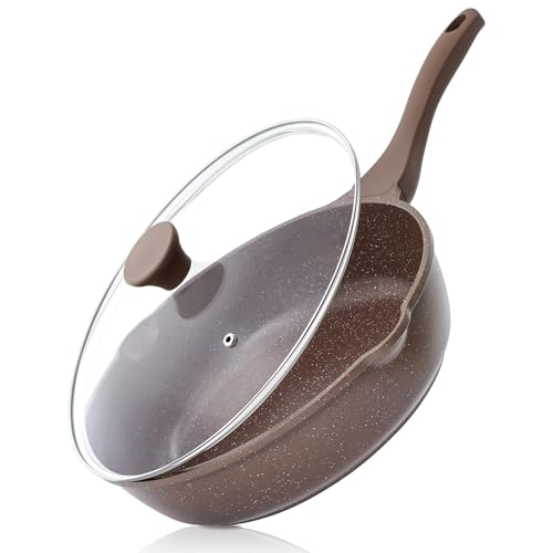 Nonstick Deep Frying Pan Skillet (Toffee Brown / 12-inch/5QT)