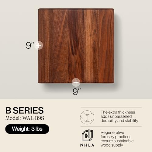 Block WAL B9S Square Walnut Wood Edge Grain Cutting Board with Feet (9"L x 9"W / Walnut with Wood Feet)