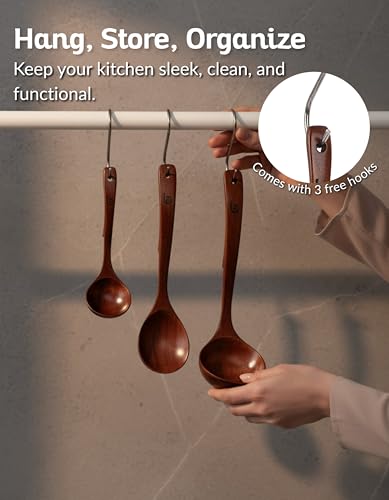 Soup Ladle Luxury Teak Wood Ladle Set of 3 (Brown Teak Soup Ladle Set)