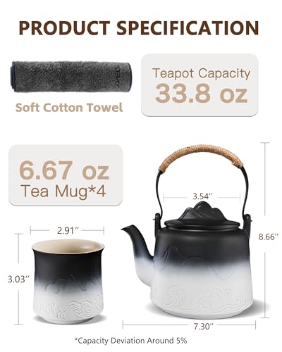 Japanese Tea Set with 4 Cups (Black/White / 33.8oz Teapot&4 of 8oz Cups)