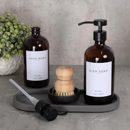 Set of 5 Kitchen Soap Dispenser Set 16 Oz Glass Hand Dish Soap Dispenser with Stainless Steel Pump (Brown)