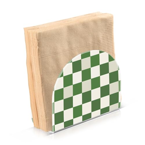 Green White Checkered Pattern Napkin Holder for Table Paper Napkins Holder Acrylic Tissue Dispenser Kitchen Dining Room Bathroom Party Car Decor (NH074 / 4.1x4.9x1.97in)