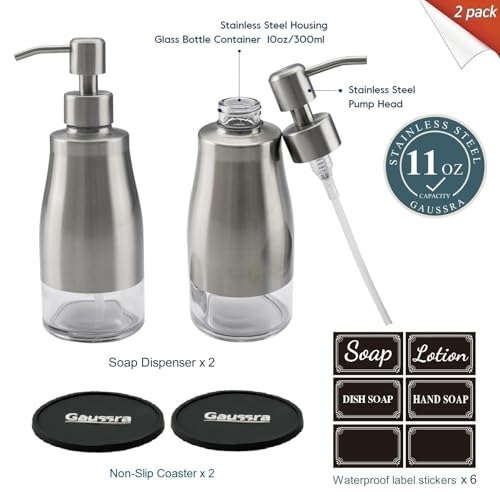 2 Pack Soap Dispenser with Coaster and Stickers (Brushed Nickel 2)