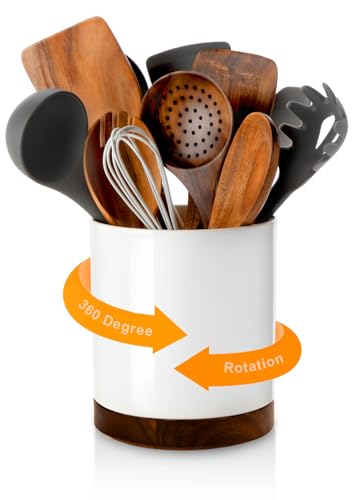 Ceramic Rotating Utensil Holder for Countertop Kitchen Organizer White (White)