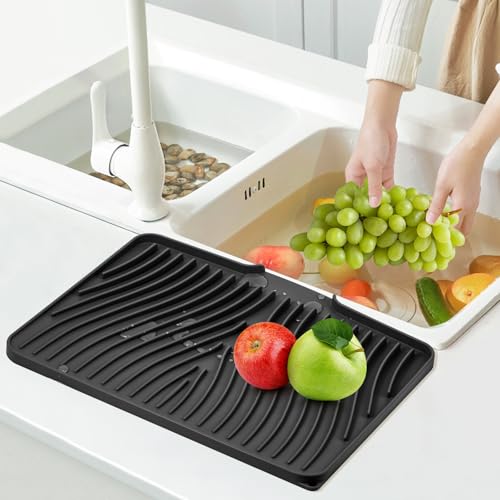 Silicone Dish Drying Mat for Kitchen Counter (Black-2pcs / 16" x 12")