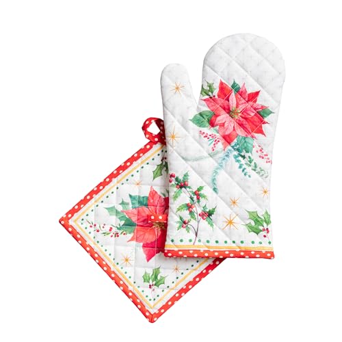 100% Cotton Oven Mitt & Pot Holder Set (117 - Poinsettia Christmas / 7.5" x 13" & 8" x 8" (Oven Mitt & Pot Holder))