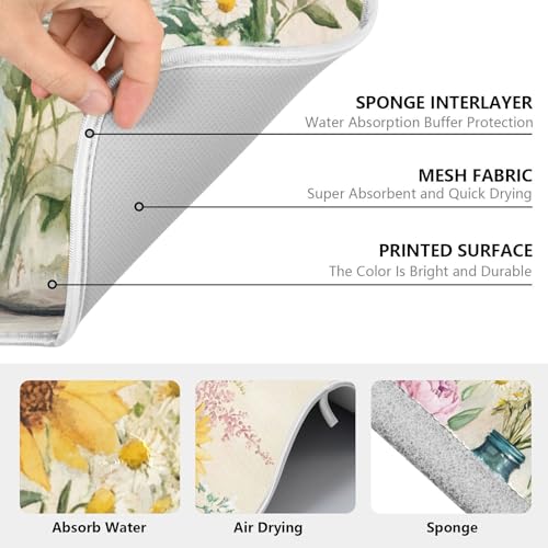 Spring Summer Floral Jars Flowers Dish Drying Mat for Kitchen Counter Absorbent Microfiber Small Drying Pad Dish Mats for Kitchen Countertops 16 x 18 Inch (18" x 16")