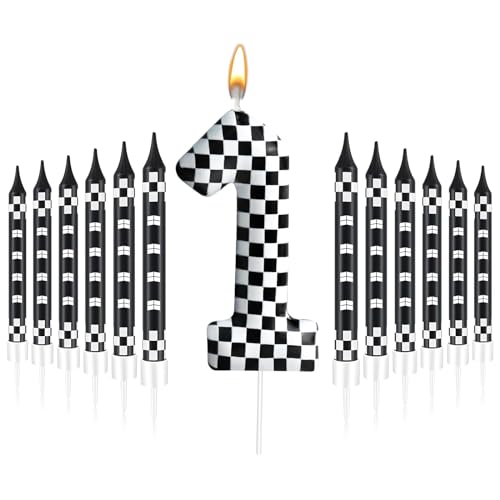 13 Pcs Racing Cars Themed Birthday Candles Black and White Race Number 1 Checkered Candle Cake Topper for Racing Car Party Decoration Supplies (13 Count)