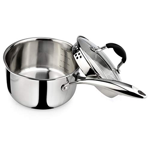 Tri Ply Stainless Steel Saucepan with Glass Strainer Lid (2.5 Quarts)