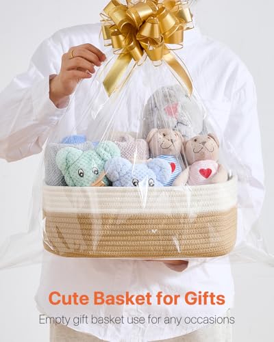 Small Woven Storage Basket for Organizing (White & Brown / 13.5"L x 9.5"W x 5"H)