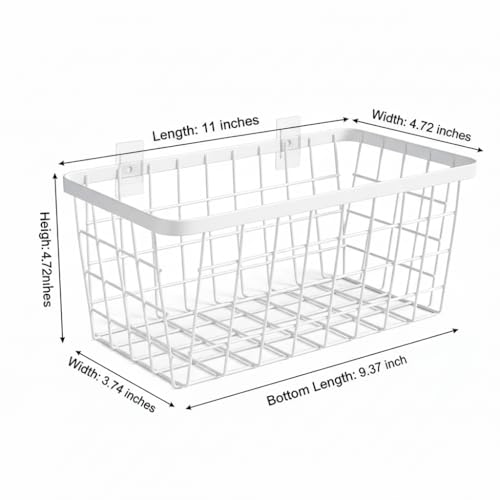 White Hanging Kitchen Baskets For Storage Adhesive Sturdy Small Wire Storage Baskets No Drilling Wall Mounted Kitchen Food Pantry Bathroom Shelf Storage (4 Count)