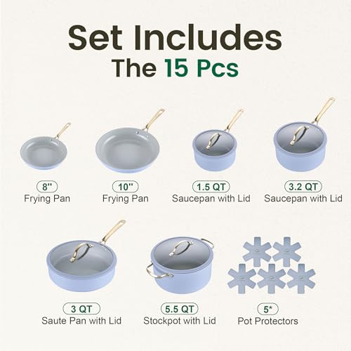 Ceramic Cookware Sets (Blue Gray / 15Pcs Set)