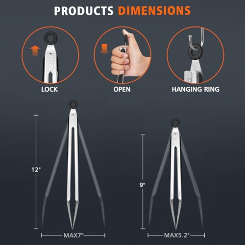 Stainless Steel Locking Kitchen Tongs for Cooking & Serving (9+12 inch, 2pack)