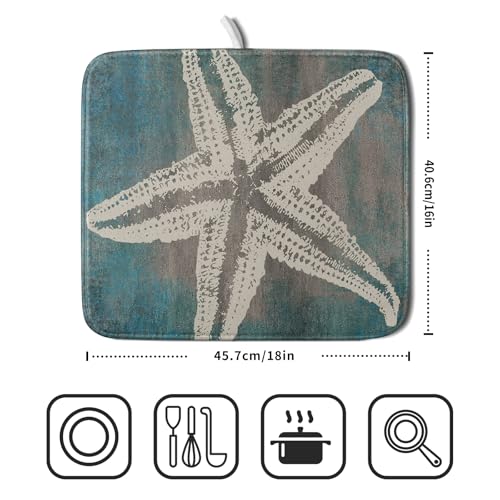 Vintage Starfish Dish Drying Mat Coastal Beachy Nautical Drainer Rack Mat 16"x18" Absorbent Washable Dish Dry Pad for Kitchen Counter Sink (Vintage Starfish / 16" x 18")