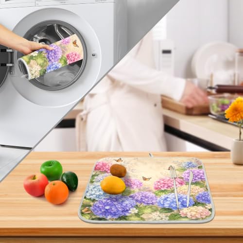 Vintage Flowers Spring Summer Dish Drying Mat for Kitchen Counter Absorbent Microfiber Hydrangea Butterfly Large Drying Pad Dish mats for Kitchen Countertops 18 x 24 Inch (Spring Vintage Flowers / 24" x 18")