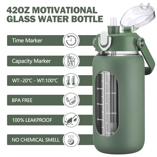42oz Glass Water Bottles with Straw (Olive / 42 Ounces)