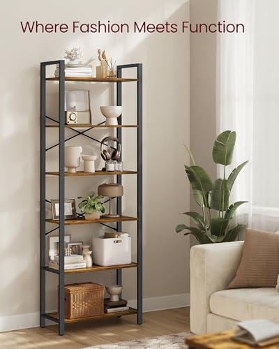 6 Tier Bookshelf (Rustic Brown + Ink Black / 6 Tiers (11.8"D x 26"W) / Without Back Panels)