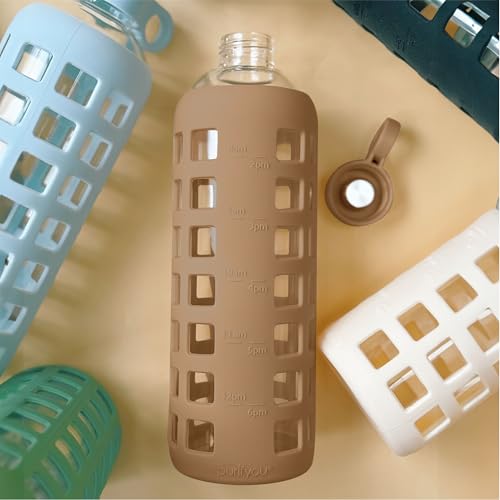40oz / 32oz / 22oz / 12oz Borosilicate Glass Water Bottle with Time & Volume Markers, Silicone Sleeve, Stainless Steel Lid | Reusable Glass Bottle for Water & Juice (32oz Iced Coffee) (Iced Coffee / 32 Ounces)