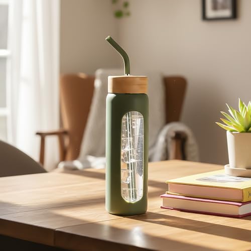 24 oz Glass Water Bottle with Straw and 2 Lids (Olive / 24 Ounces)