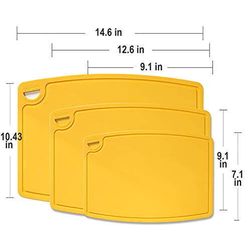 Silicone Thick Cutting Boards Mats Set of 3pcs Foldable & Flexible Design Juice Grooves Easy Grip Handle Dishwasher Safe for Kitchen (9.1"L x 7.1"W, 12.6"L x 9.1"W & 14.6"L x 10.4"W / Yellow)
