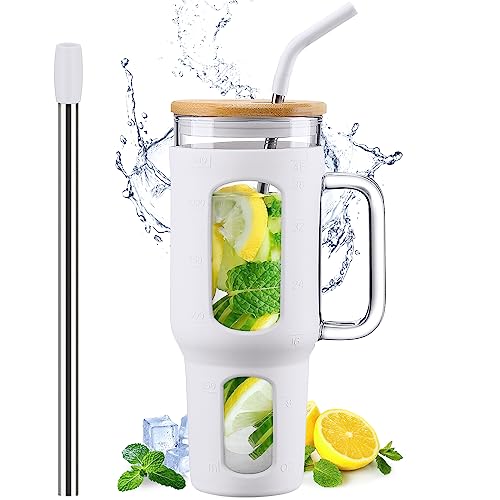 Glass Tumbler with Lid and Straw (White / 46 Ounces)