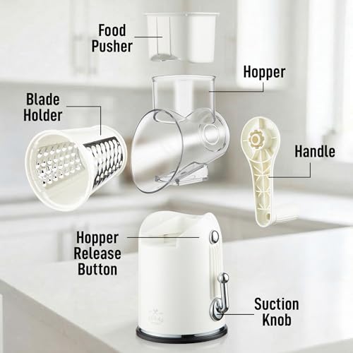 Rotary Cheese Grater Manual Hand Crank 5 Blade Shredder (5 Blades / Classic | White)