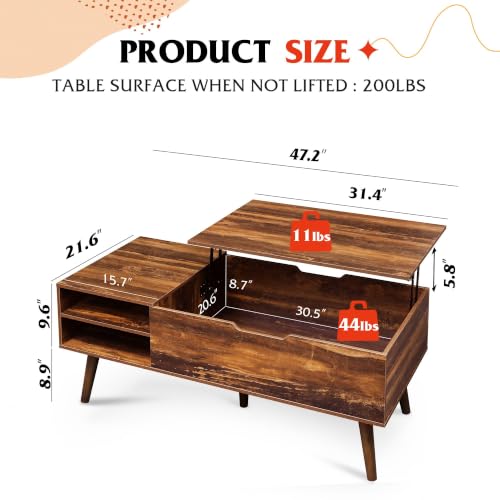 Lift Top Coffee Table with Hidden Storage (Classic Brown / 47" with Shelf)