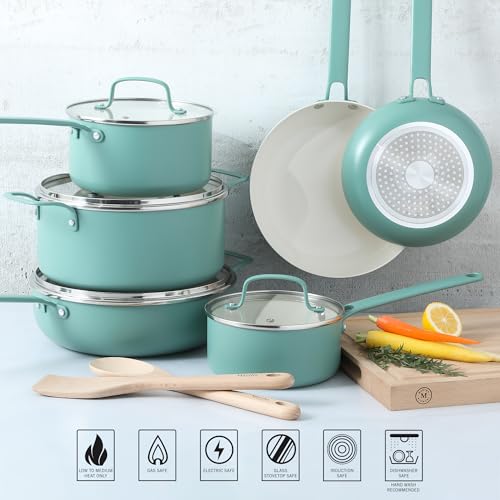 Emmeline Premium Nonstick PFA Free Ceramic Interior 12 Piece Heavy Gauge Enamel Aluminum Pots and Pans Cookware Set (12-Piece Cookware Set / Teal)