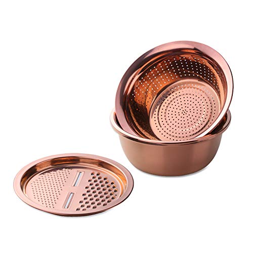 3-In-1 Multifunctional Grater Basin Colander Strainer Set, Mingcheng Stainless Steel Kitchen Grater/Drain Basket/Bottom Basin for Washing Rice, Fruits, Vegetable, Grater with Container (Rose Gold) (Rose Gold)