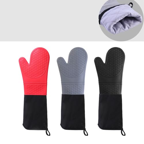 Extra Long Silicone Oven Mitts Heavy Duty Commercial Grade Oven Mitts Heat Resistant BBQ Gloves with Quilted Cotton Lining 2 Pack