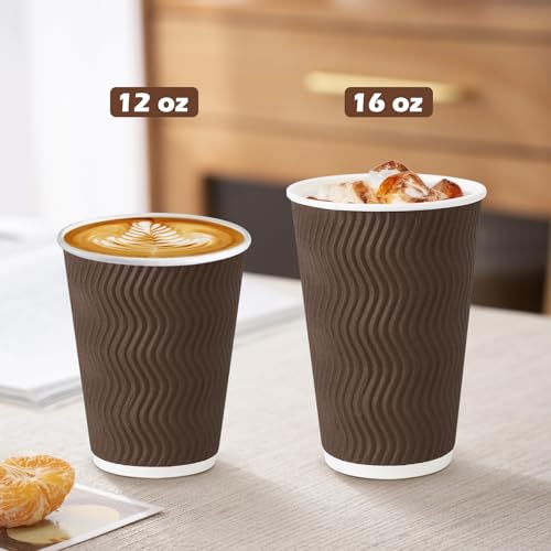 500 Pack 16oz Insulated Disposable Paper Coffee Cups Brown (Brown-500 / 16 oz)