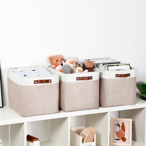 Fabric Storage Bins (White&Khaki / XL-16"x 12"x12")