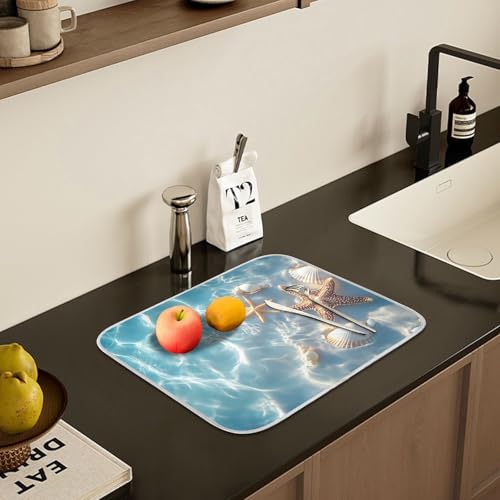 Starfish and Seashell on The Summer Beach Dish Drying Mat for Kitchen Counter Absorbent Microfiber Large Drying Pad Dish Mats for Kitchen Countertops 18 x 24 Inch (24" x 18")