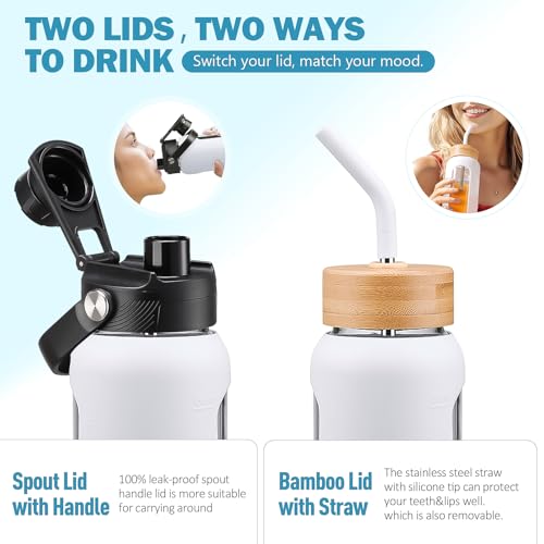 32 oz Glass Water Bottle with Straw and 2 Lids (White / 32 Ounces)