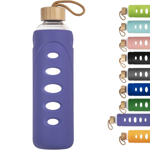 32 oz Narrow Mouth Glass Water Bottle with Windowed Silicone Sleeve (Purple)
